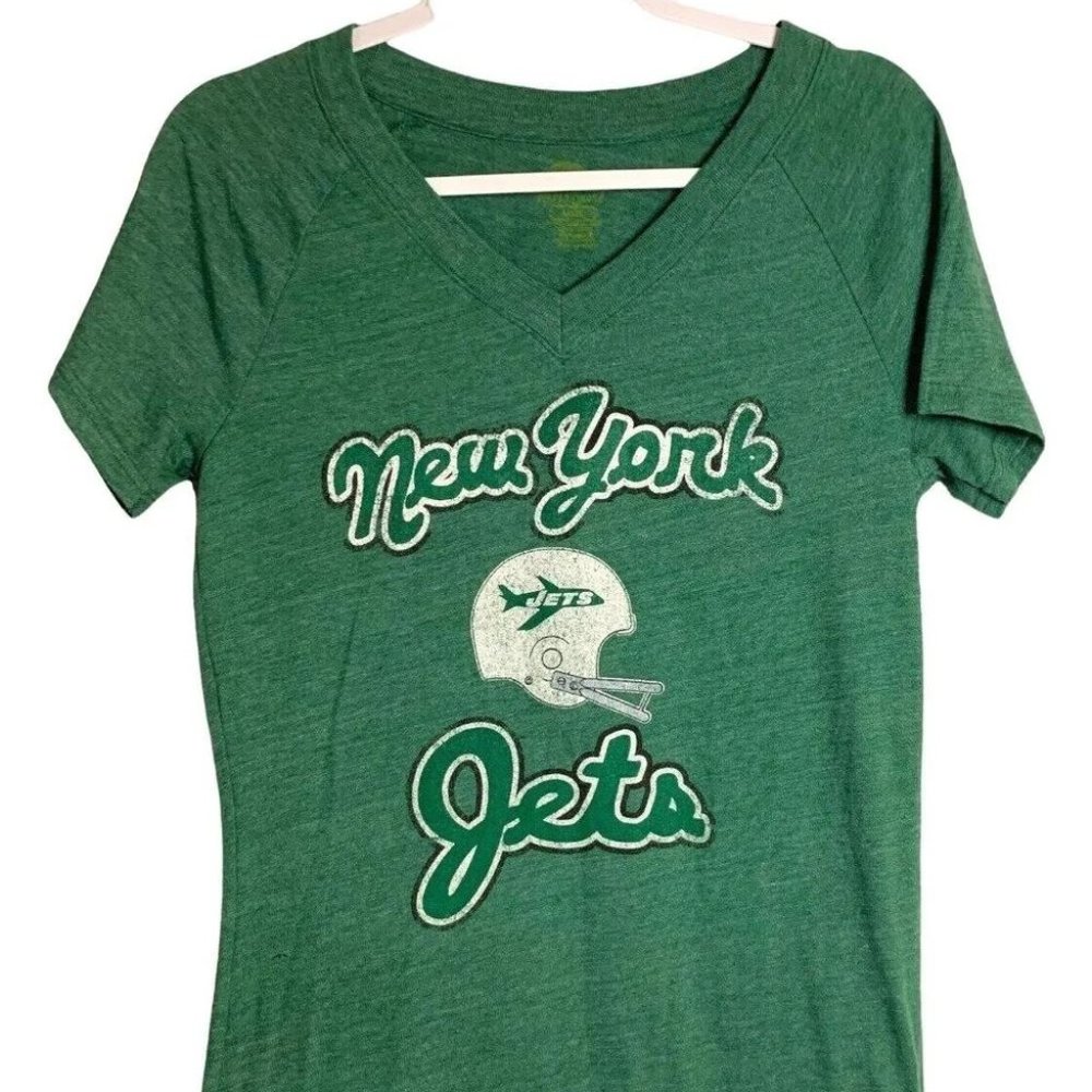 New York Jets Green V-Neck T-shirt Retro Style Womens Size Large